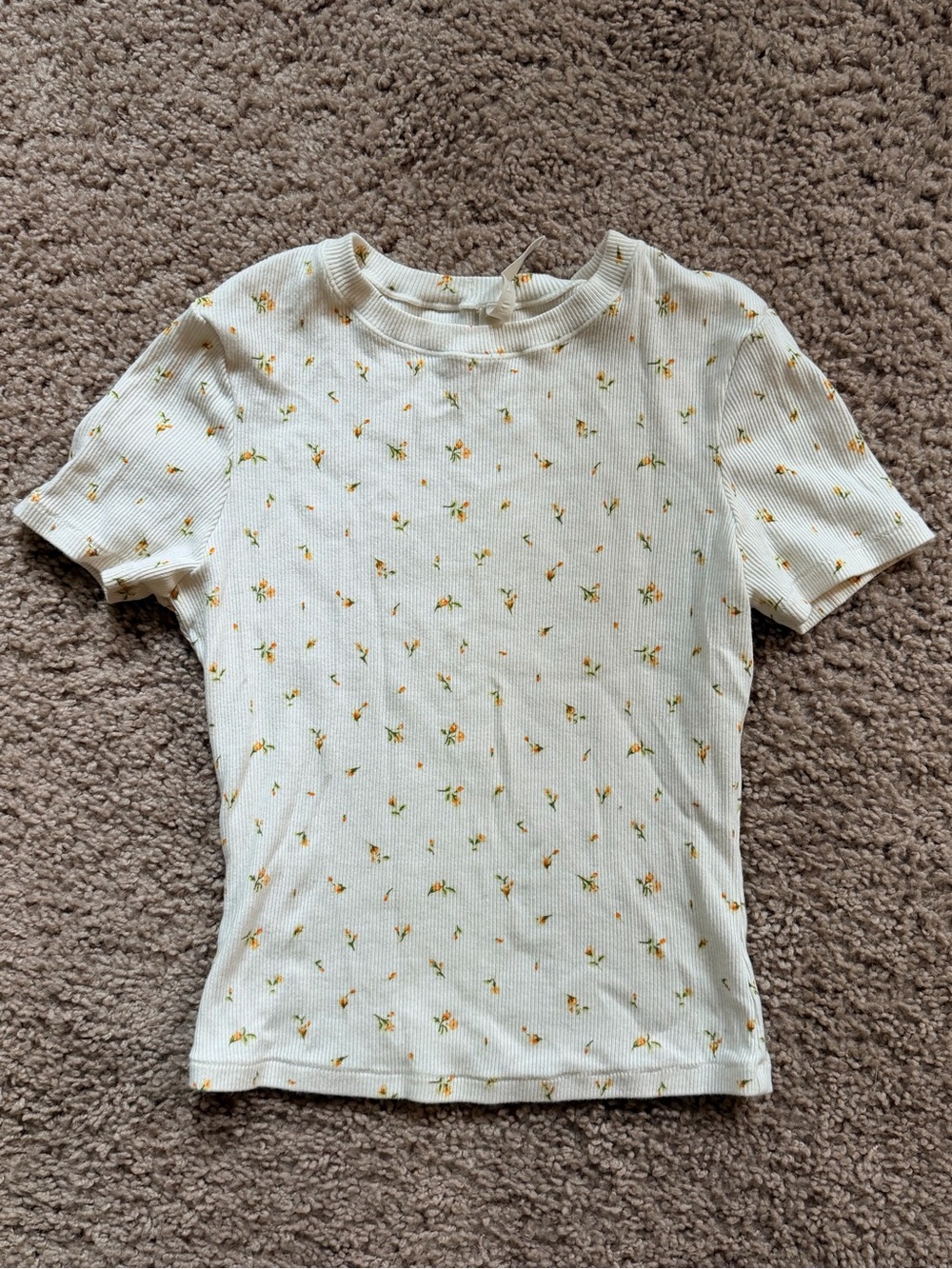 SKIMS Cream Floral Ribbed T-Shirt Orange Ditsy Flowers Size S Fits like XS